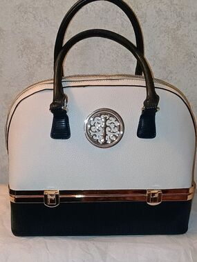 Elegant Two-Tone Black and Cream Dome Satchel
